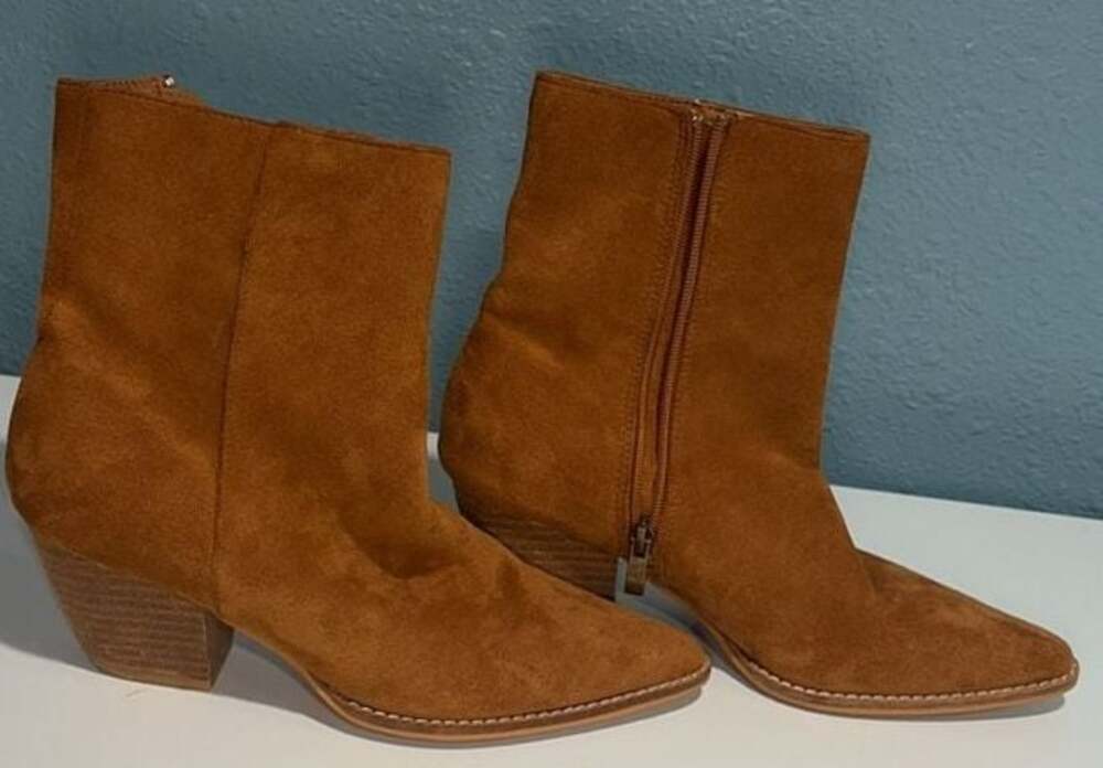 Beast Fashion Brown Suede Pointed Toe Block Heel Ankle Booties